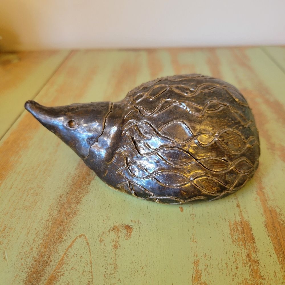 Vintage Handmade Studio Pottery Metallic Bronzed Glazed Hedgehog Mole Figurine